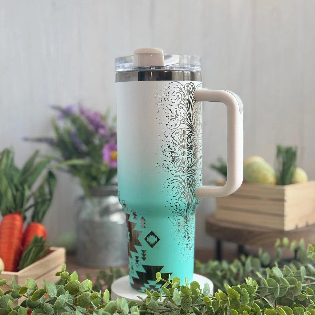 Western Boho White/Teal to Black Tumbler 40 oz 