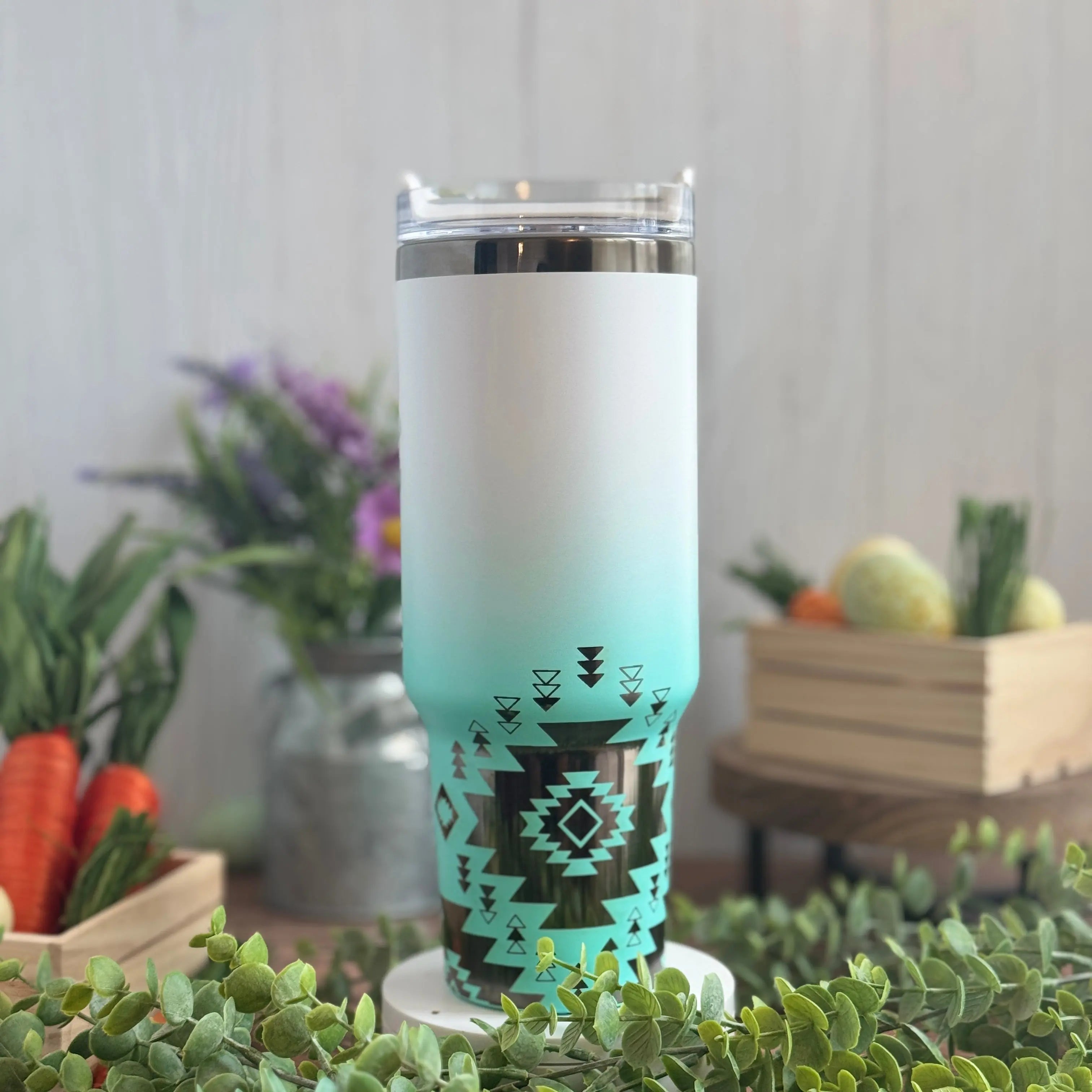 Western Boho White/Teal to Black Tumbler 40 oz 