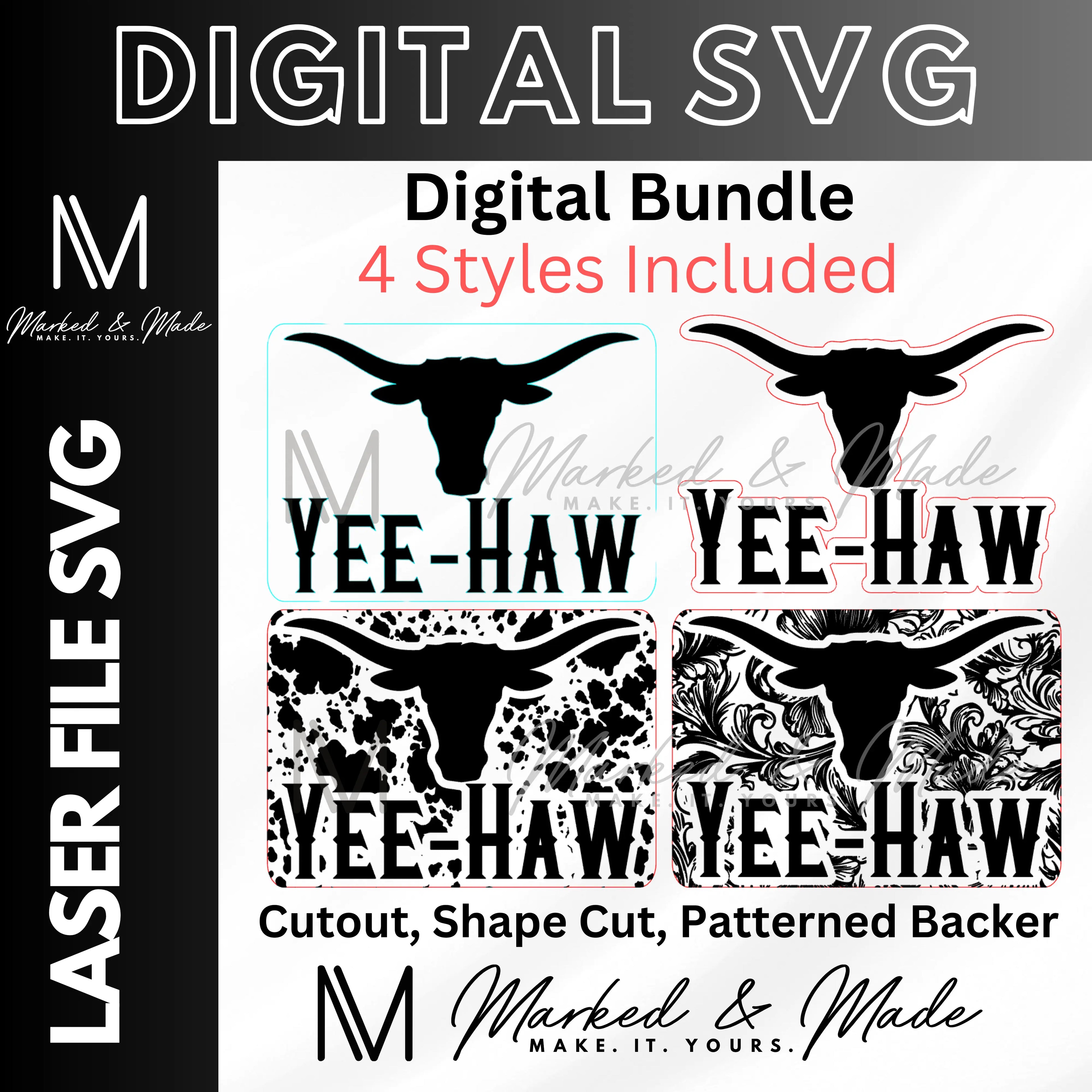 Yee-Haw Longhorn Hat Patch SVG Bundle | Western Boho | Cowhide | Tooled Leather| Hat Patch SVG | Leather Patch SVG| Digital File | Digital Download | Laser File 